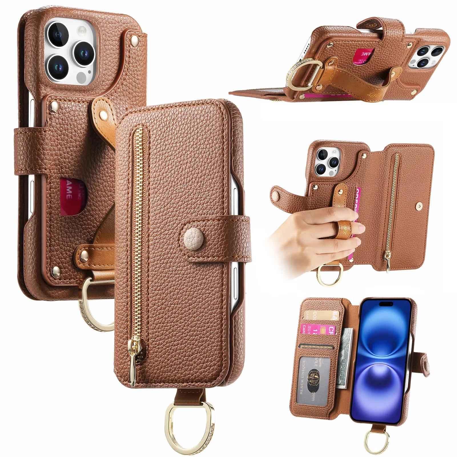

Wristband Zipper Cards Solt Wallet Leather Ring Holder Case For iPhone 16 Pro Max 15 Plus 14 13 12 11 Bag Pocket Lychee Cover For iPhone 15 Pro