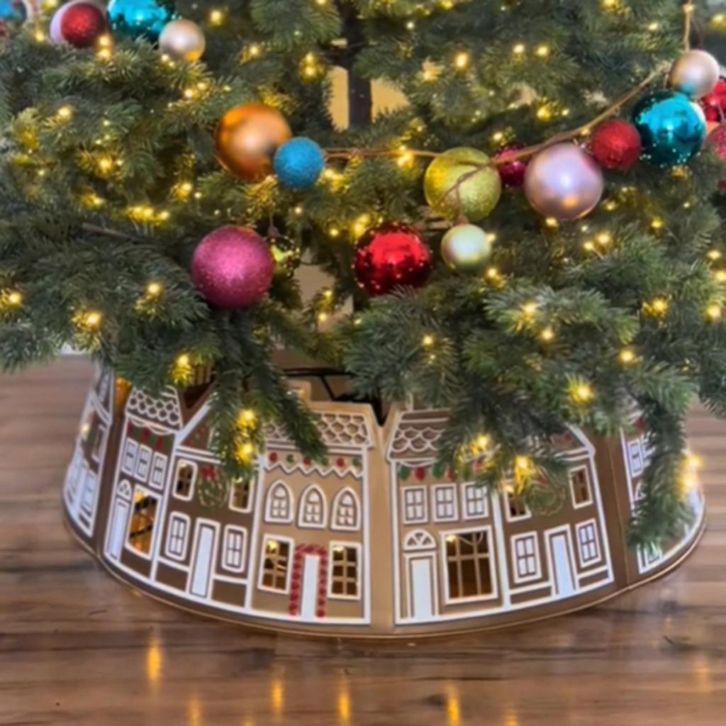 Gingerbread House Christmas Tree Collar Tree Skirt, LED Christmas Light Up Tree Skirt