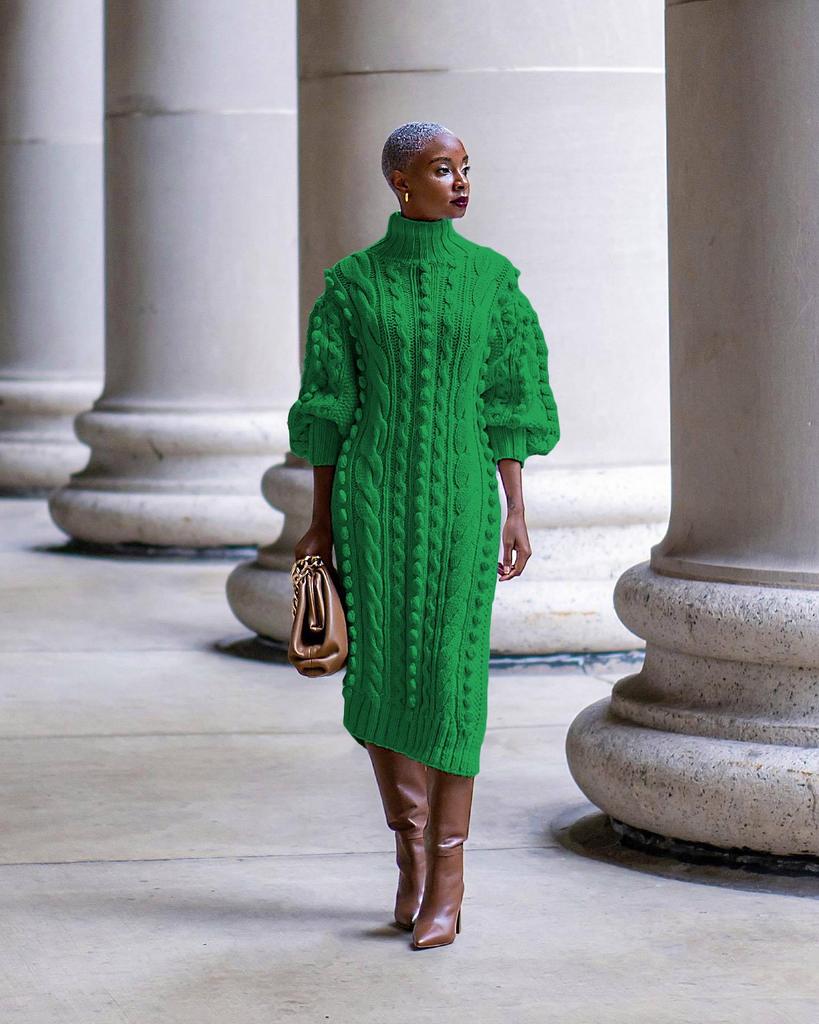 European & American Women's High Neck Knitted Slit Dress