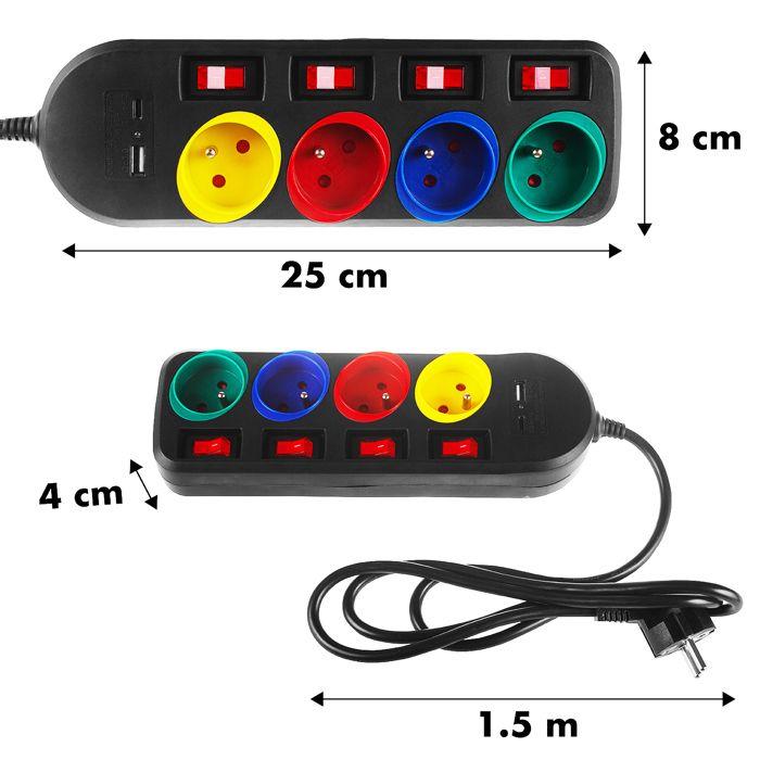 Multiprise - maclean - mce508 b - 4 prises + 2 usb - interrupteurs individuels - 1,5m noir