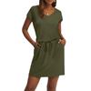 Women's Summer V-neck T-shirt Casual Short Sleeve Drawstring With Pocket Solid Color Dresses