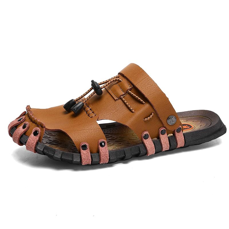 

Fashion 2025 Summer Outwear Non-slip Men s Sandals Fashion Casual Dual-use Beach Shoes Slippers Male Solid Color Leather Sandals Man 44 хаки