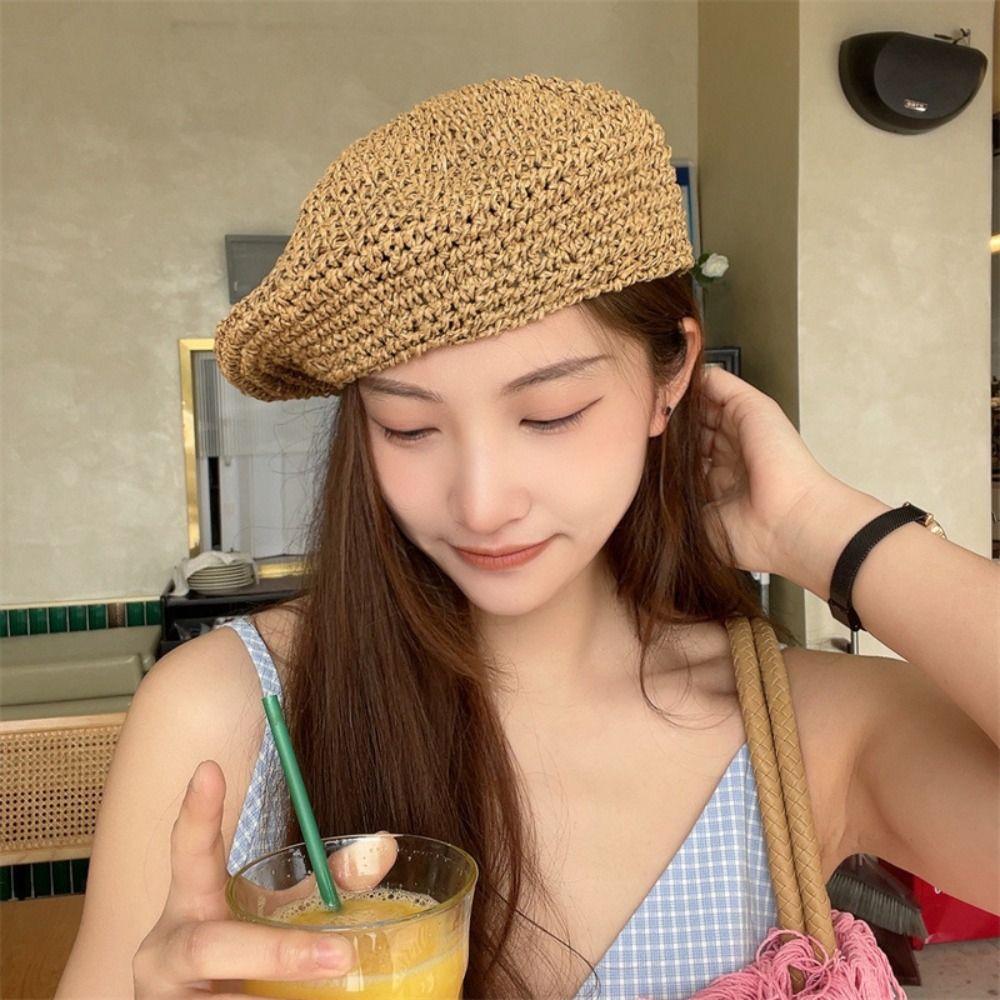 Summer Weave Cap Handmade Painter Hat Fashion Straw Beret  Women