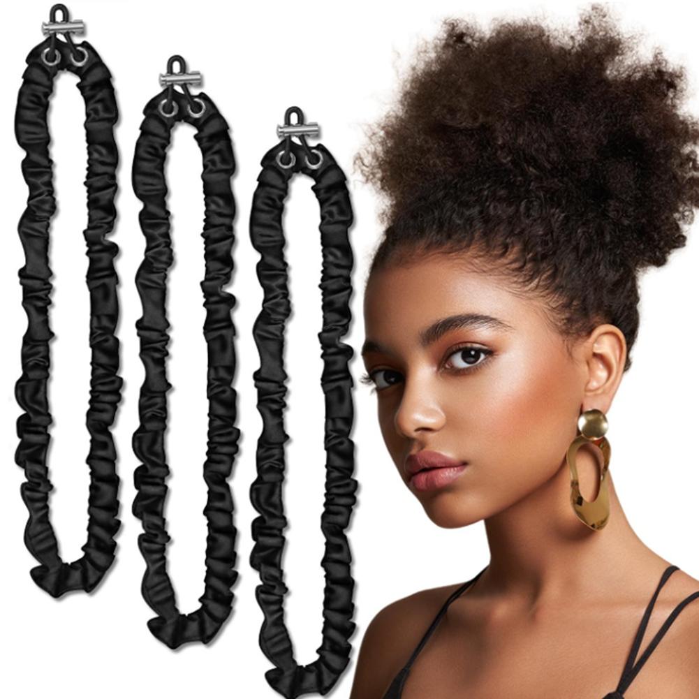 A95D-Scrunchies Adjustable Slip Black Satin Hair Ties For Thick Curly Natural Hair & Long Afro Ponytail Styles