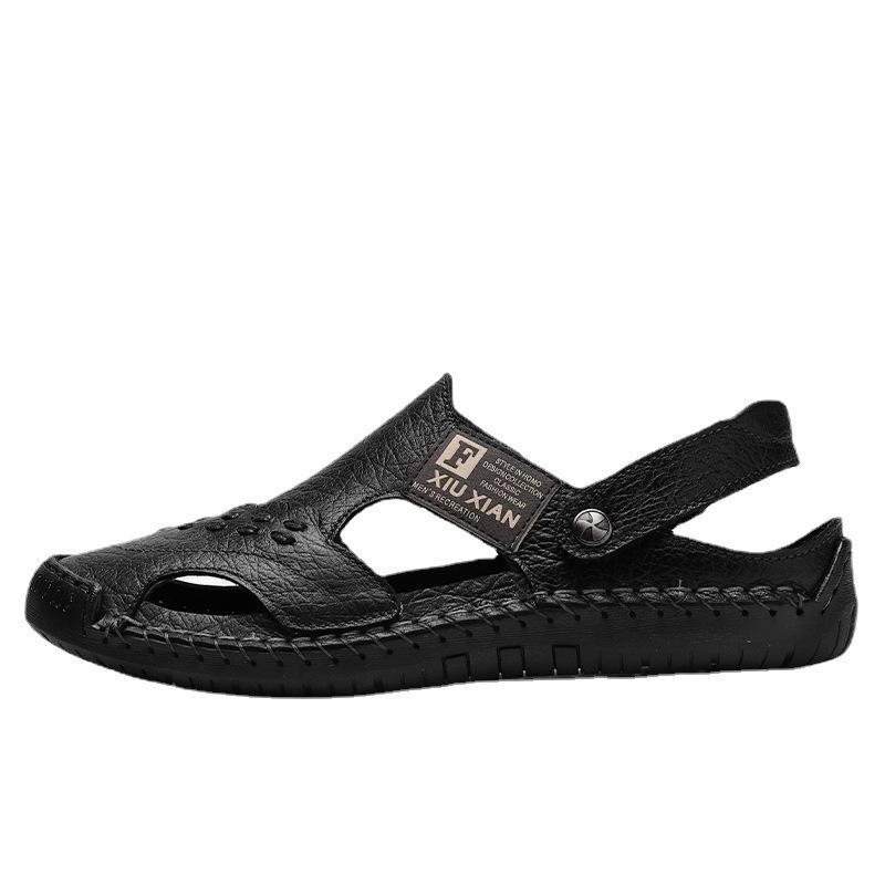 Men's Genuine Leather Cut-Out Toe Summer Sandals - Comfortable, Breathable, and Versatile for Outdoor Wear