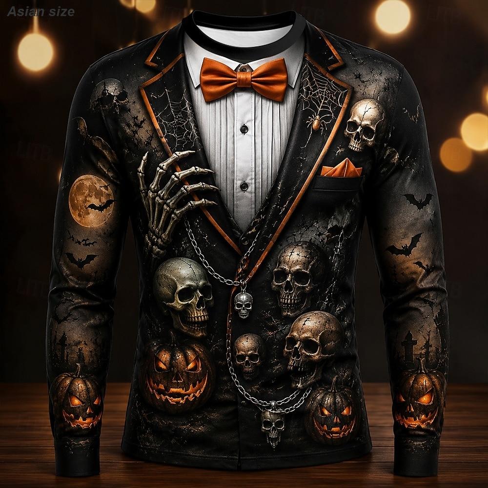 Jesenné a zimné pánske 3D tlačené tričko s okrúhlym výstrihom a dlhým rukávom Halloweensky kostým 5XL black