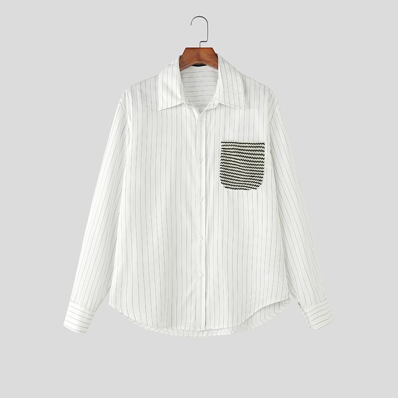 

INCERUN Men Lapel Neck Long Sleeve Striped Casual Loose Oversized Shirts Tops S белый