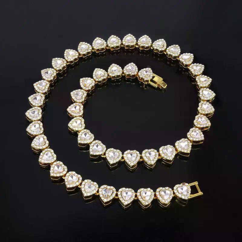 45CM New Hip Hop Tennis Chain Bracelet Necklace Shiny Heart Rhinestone CZ Fashion Rock Party Jewelry