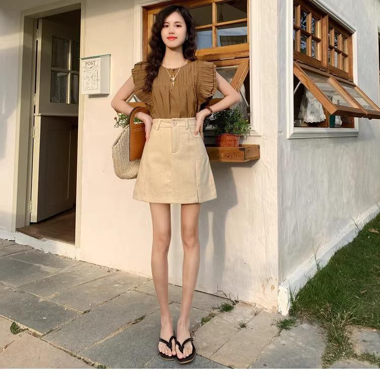 Women's Corduroy High-Waist A-line Skirt, Slimming Fit, Plus Size, Coffee Color, Short, Petite - Spring/Autumn 2024