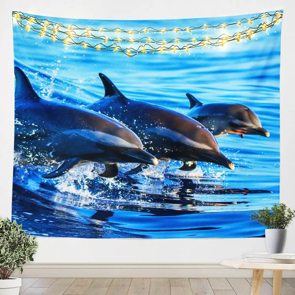 Unterwasser-Oase Wandteppich Delfin Unter dem Meer Korallenfische Anemonen Tiefsee Fantasy Blasen Wandbehänge Dekor Zimmer Wandteppiche