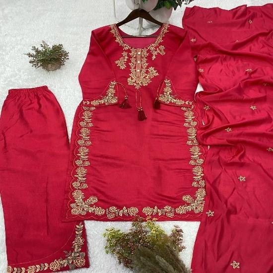 Charismatic Embroidered 3-Piece Silk Straight Kurta Pant Set