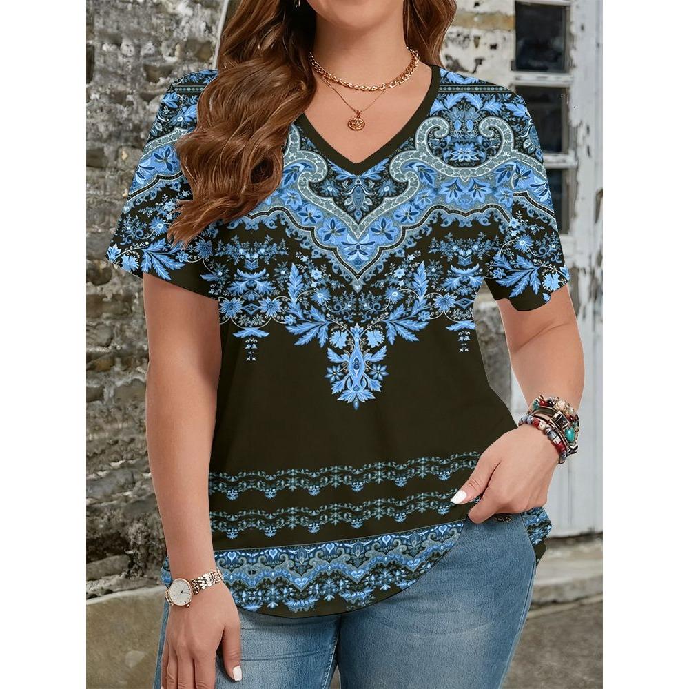 Ethnic Style T-Shirts Vintage Floral 3D Print Women's V-Neck Short Sleeve T Shirt Y2k Harajuku Tees Casual Tops Female Clothing
