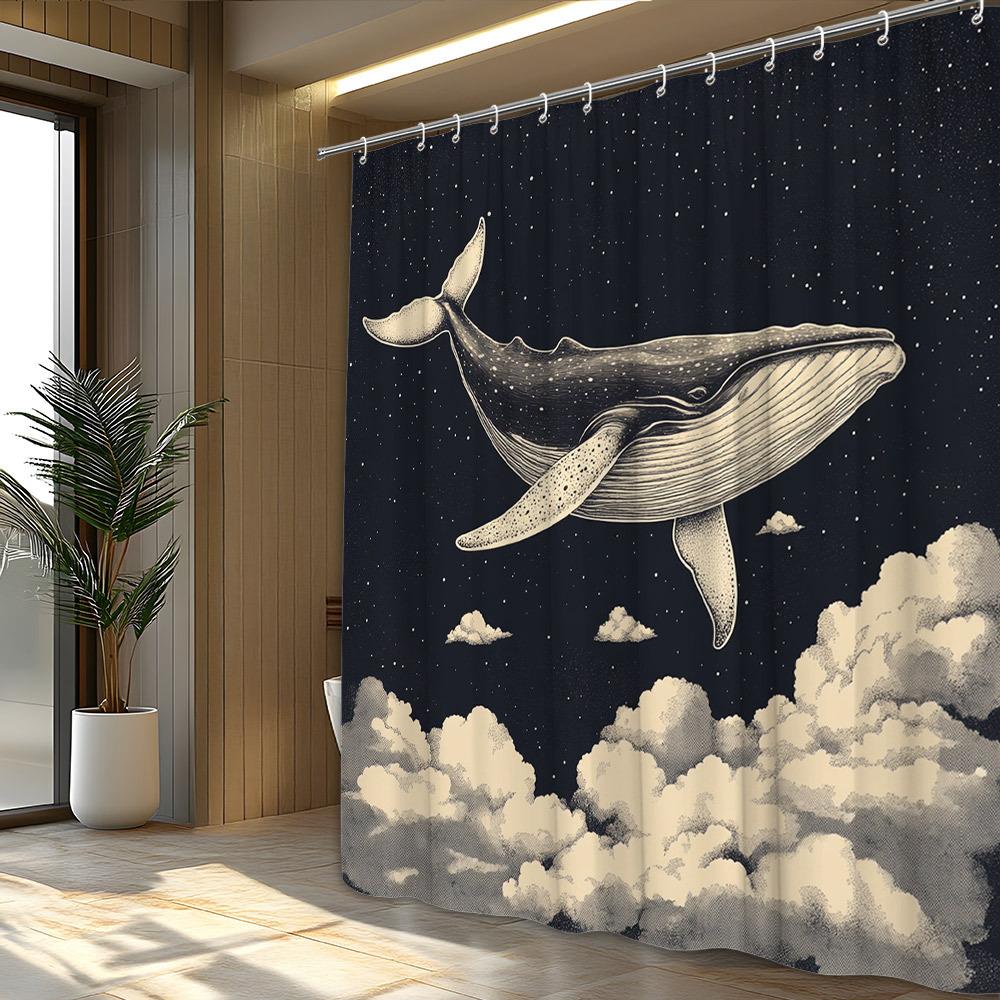 1pc Majestic Whale Shower Curtain - Night Sky & Stars, Dreamy Surreal Art, Sepia-Toned Polyester,  Bathroom Decor