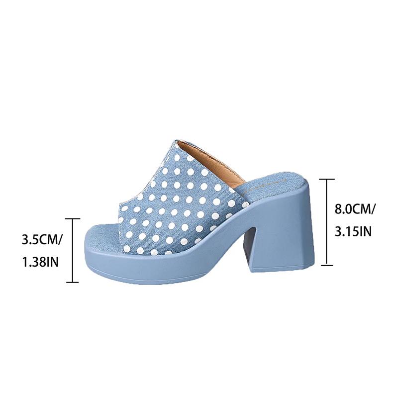 Fashion Casual 2025 Polka Dot Design Blue Slippers Women New Square Toe Thick Bottom Sandal Woman Summer Comfort Thick Sole Slides Mujer