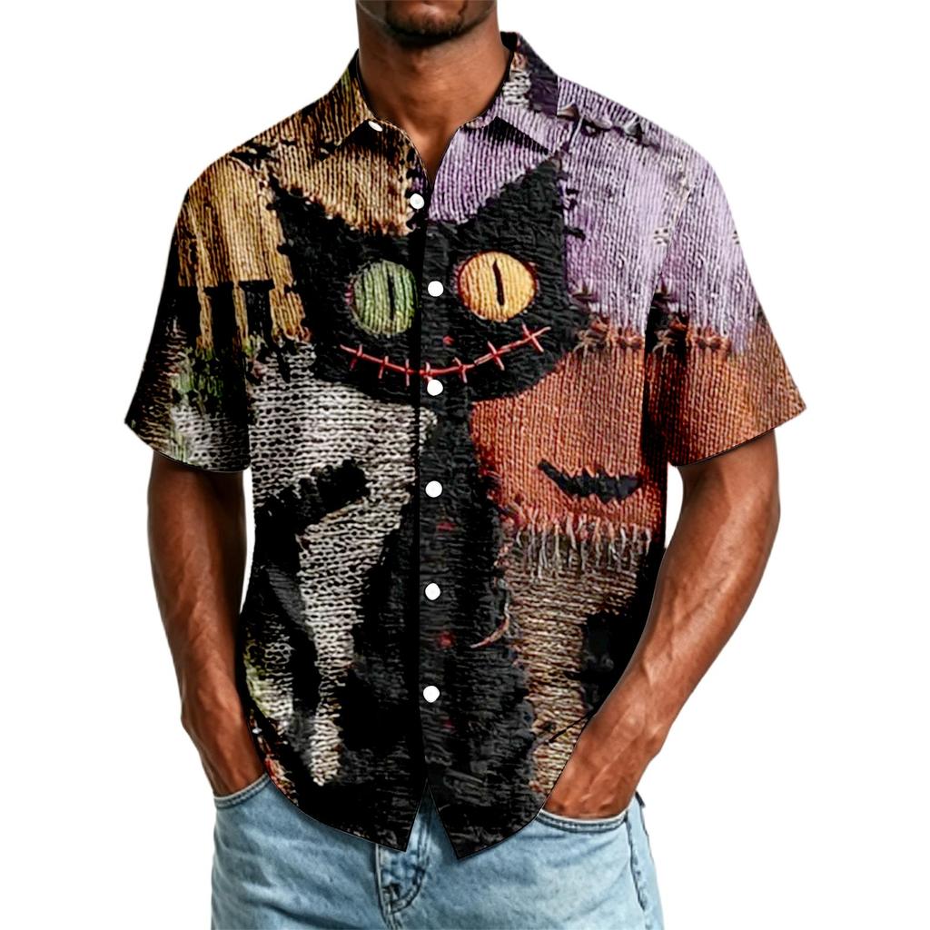 Herren Freizeithemd Kurzarm Button-Down Halloween-Print Leichter atmungsaktiver Stoff Locker geschnittenes Hemd für den Alltag