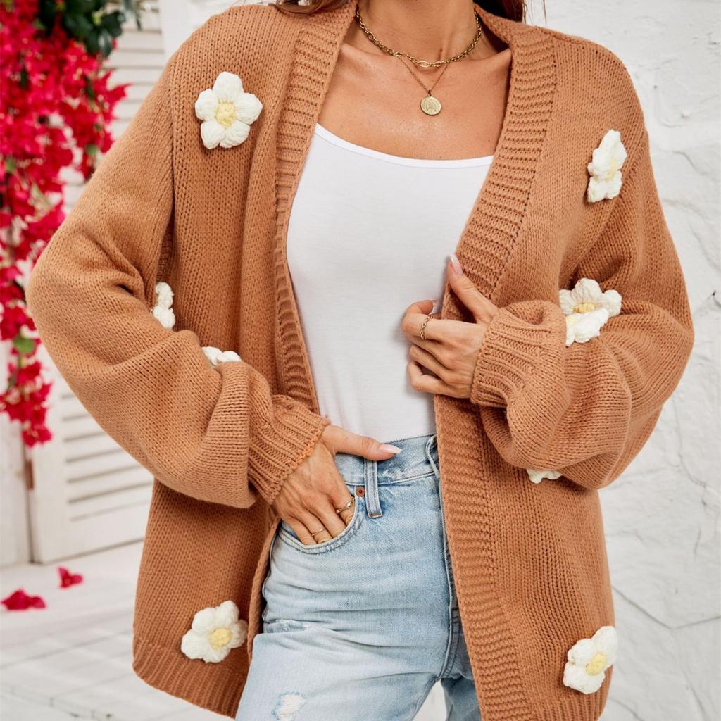 2023 Winterkleid Große Größe Damen Blumen Cardigan Laternenärmel Pullover Mantel