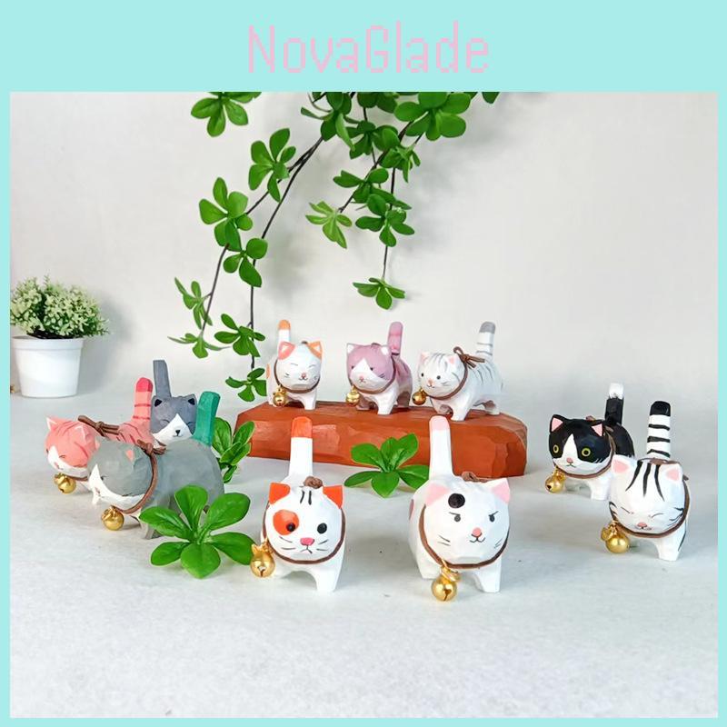 Wooden Handcrafted Carved Cat Figurine Cute Bell Desk Decor For Gifts And Home Office