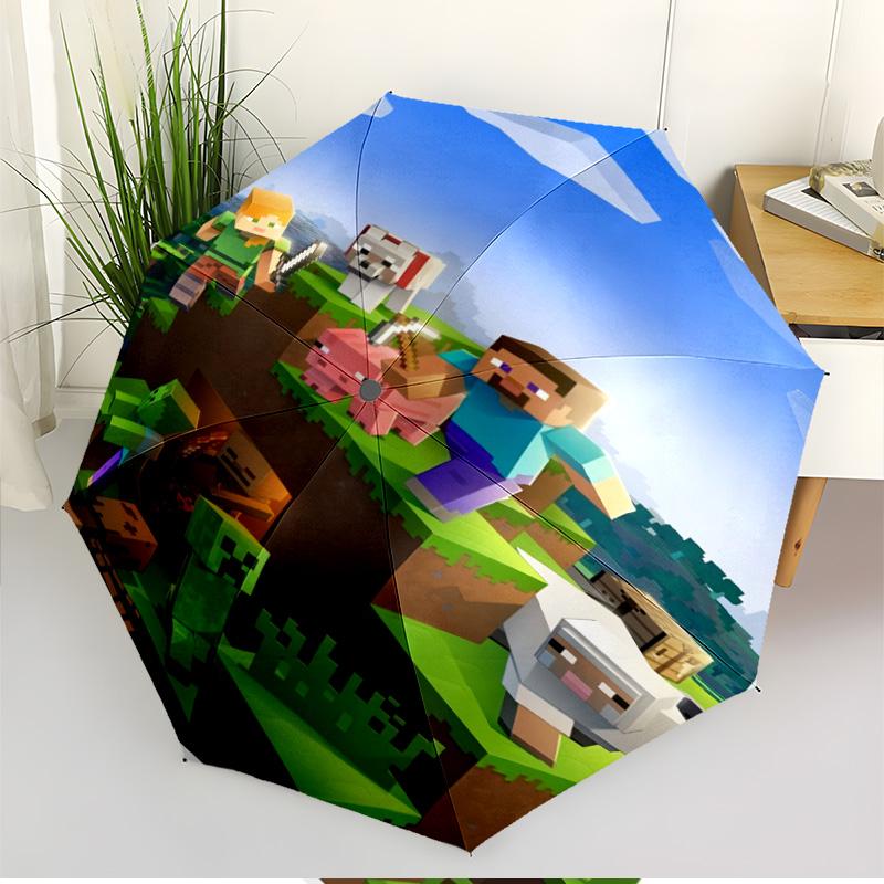 Minecraft Print Automatic Open Close Umbrella, Portable Foldable Umbrella, for Outdoor Commute Camping Trip, Ideal Birthday Gift