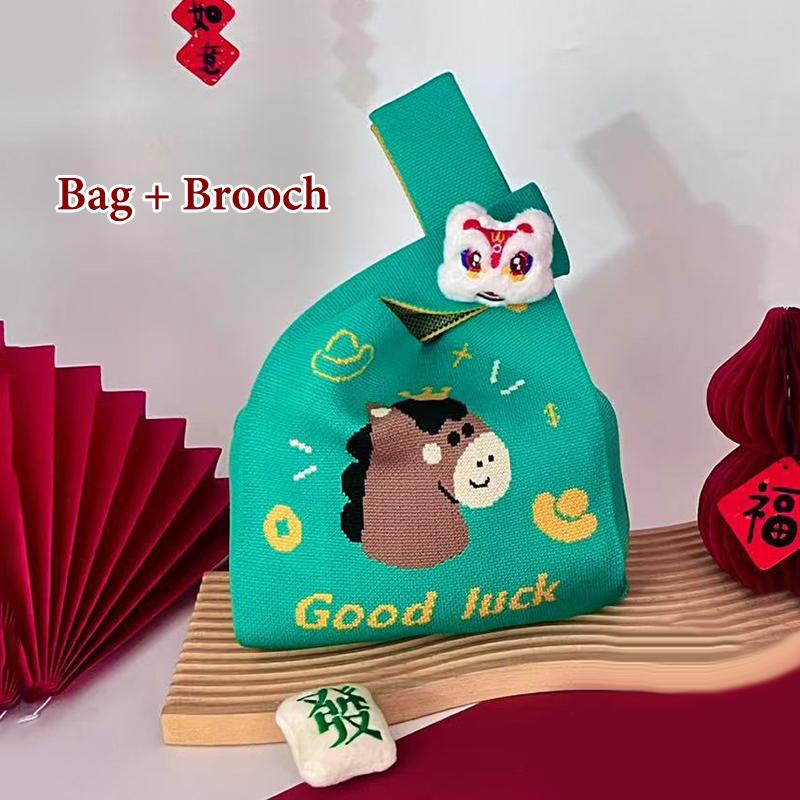 2026 New Year Cartoon Mascot Pony Knitted Gift Bag Handheld Candy Bag Large Capacity Knot Wrist Bag Cute Reusable Shopping Bags