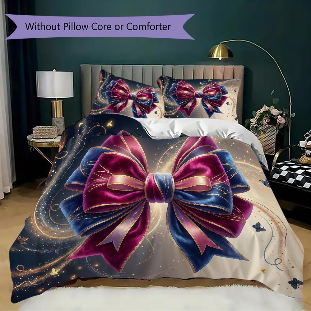 Plaid Bow Pattern Bedding Uilt Set Uilt Cover Pillowcase Home Decoration Birthday Gift (1 * Duvet Cover + 2 * Pillowcase Without Core)
