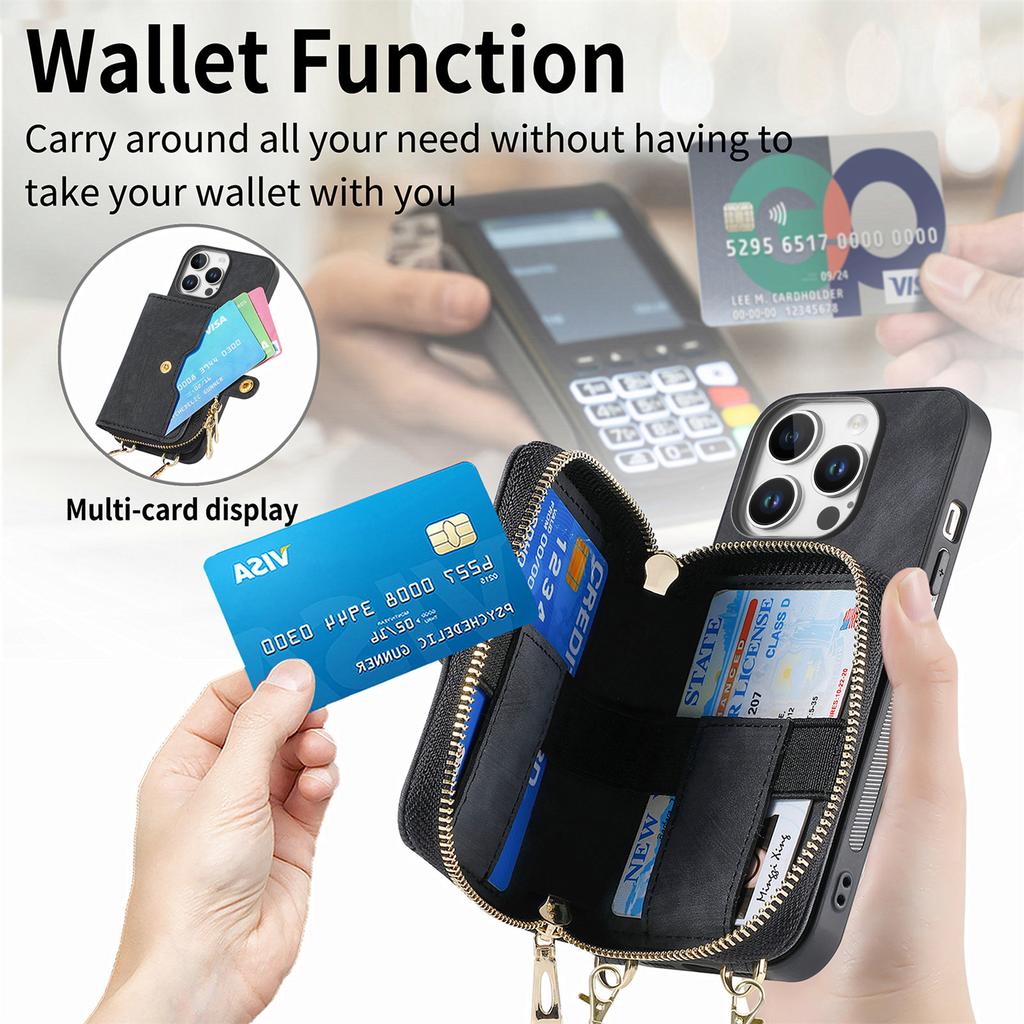 For iPhone 16 Pro Case Zipper Card Holder PU Leather Phone Back Cover with Long Strap