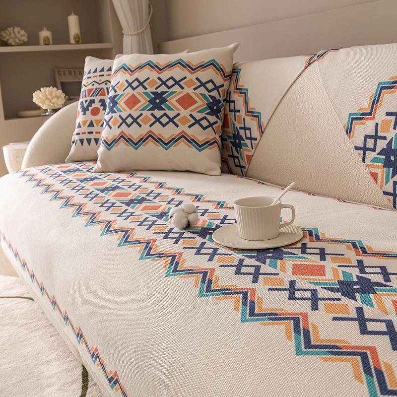 Bohemian Ethnic INS Style Backrest Towel Cover Cotton And Linen Sofa Cover Cushion Four Seasons Universal Anti-slip Sofa Cover