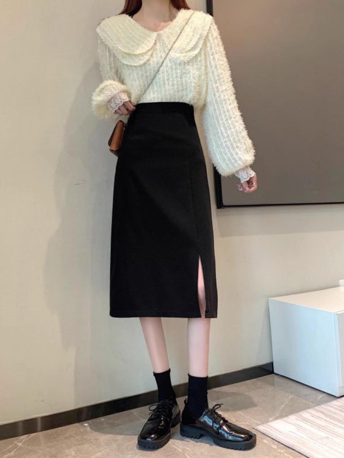 

Женская миди-юбка высокого класса черного цвета: Драпирующийся, Приталенный, Карандашный Дизайн с Завышенной Талией и Разрезом для Осени/Зимы 2025. Large чёрный