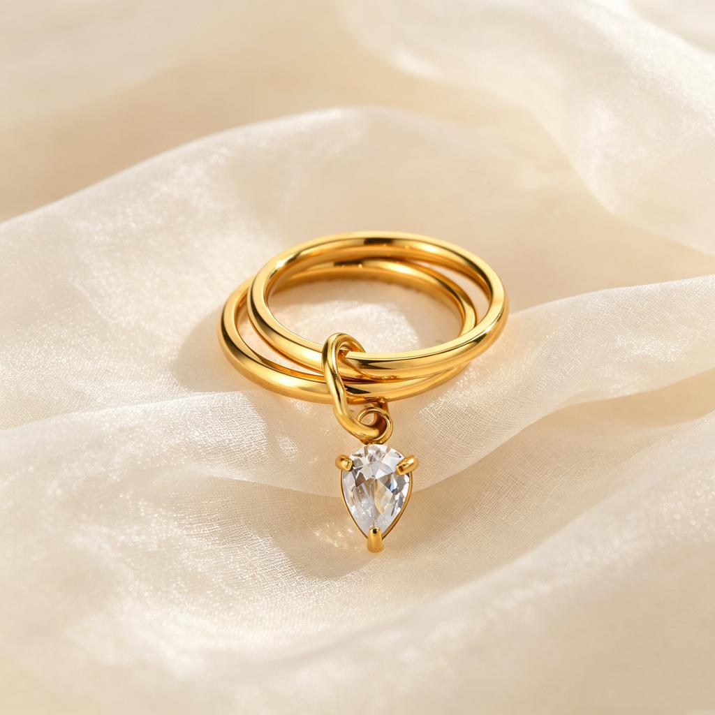 Women's Delicate Shiny Cubic Zirconia Ring, Double Layer High Quality Stainless Steel Ring, 18K Gold Plated Fashion Jewelry