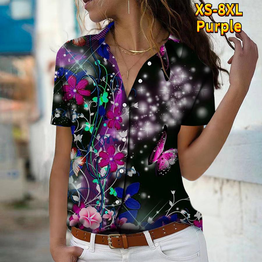 2025 Sommer Ny Mote Dame Blomsterprint Kortermet V-hals Casual Knappedown Skjorte Topp