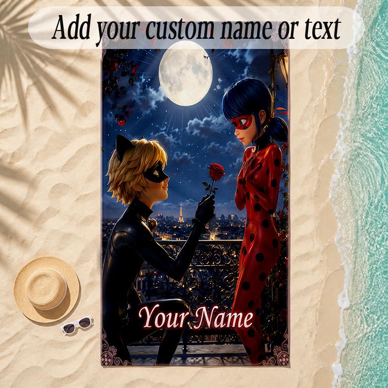 Beach TowelMiraculous Ladybug Custom Name Text Personalized Soft Towel for Beach Pool Indoor Home Decor Gift