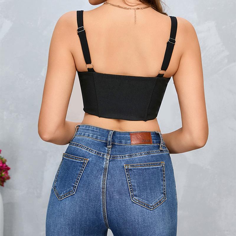 Mesh Fishbone Sling Women's Vest, European and American Sexy Backless Front Buckle Spliced Short Top