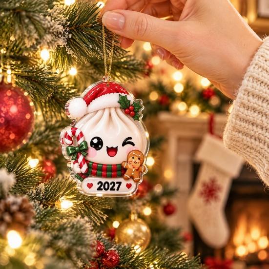 Holiday Gift for Kids 2027 Christmas Bun Ornament, 2D Flat Acrylic Steamed Pendant Small Tags with Hanging String Tree Door Bag, Atmosphere Decoration