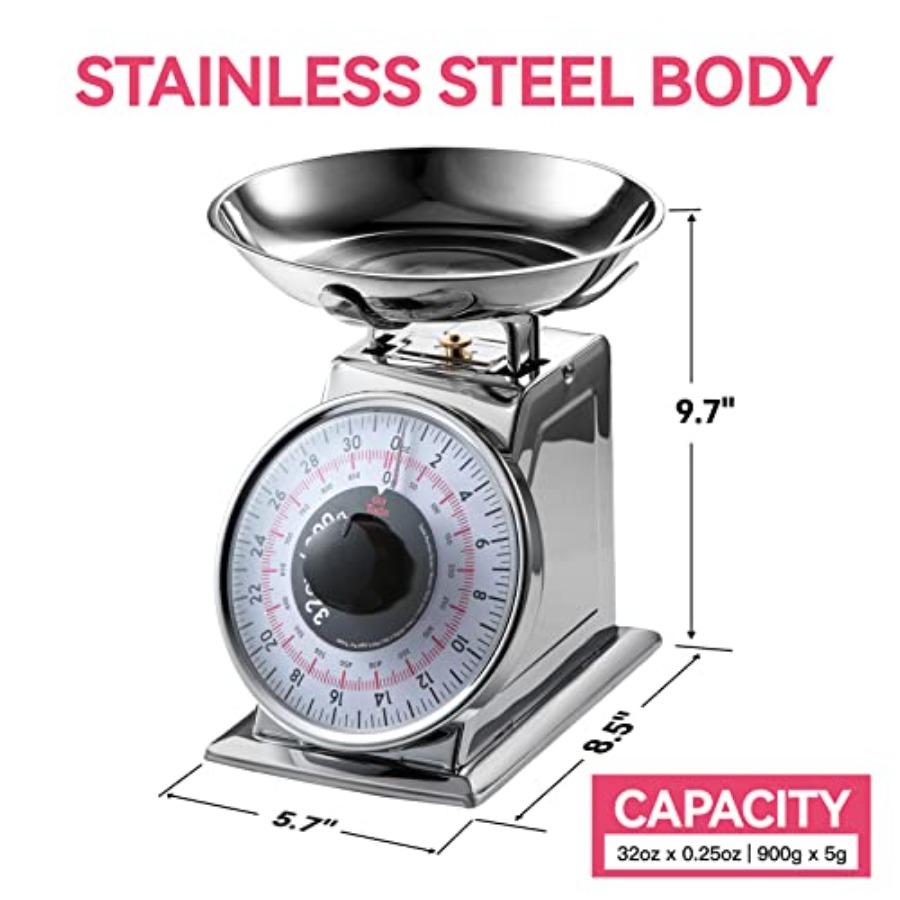 2 Pound Precise Portions Analog Food Scale 32 Ounces Stainless Steel Mechanical Kitchen Scale Removable Bowl Tare Function Retr