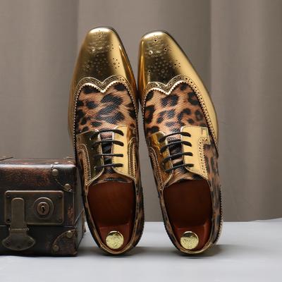 Luxusschuhe für Herren Hochzeitsparty Nachtclub Leopard Lackleder Patchwork Mode Herren Brogue Derby Schuh Herren Schnür-Flats