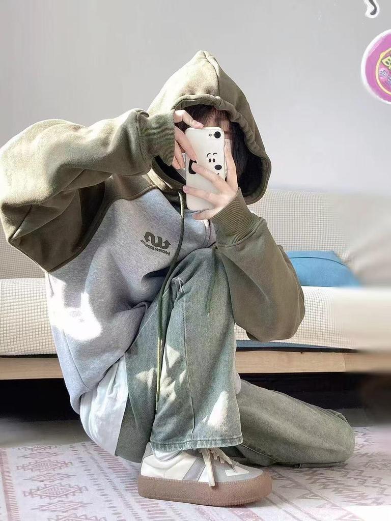 Women's Retro Color Block Patchwork Oversized Hoodie Jacket for Autumn