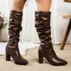 Spring Autumn Women Knee Boots Pleated Thigh Long Booties Sexy Pointed Toe Thick Heeled Black Botas