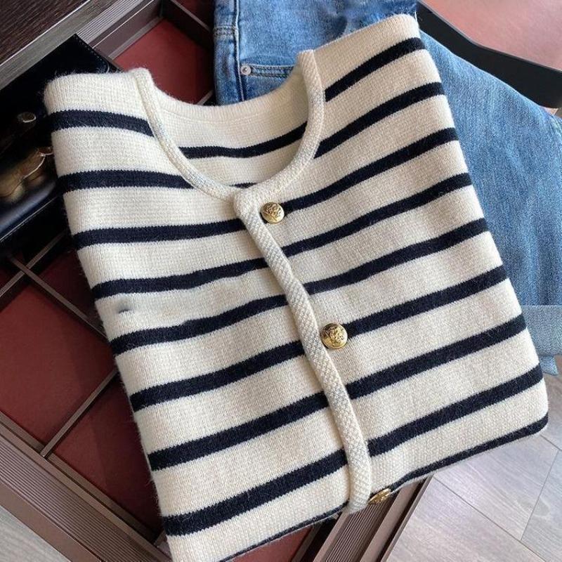 Casual Striped Small Fragrance Knitted Cardigan Women's Autumn Outer Wear Short Sweater