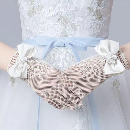 Lace Short Gloves for Little Girls 4-8 Years Tea Party Wedding Flower Gloves with Bow Kids Princess Dressing Gloves for First Communion Wedding Prom