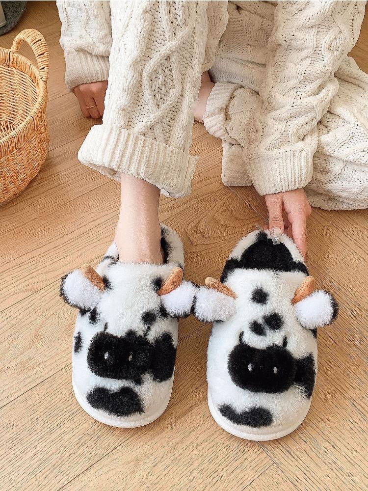 Spotted Dairy Cow Indoor Household Plush Slippers, Home Cotton Slippers, Warm Thick Soled Plush Slippers
