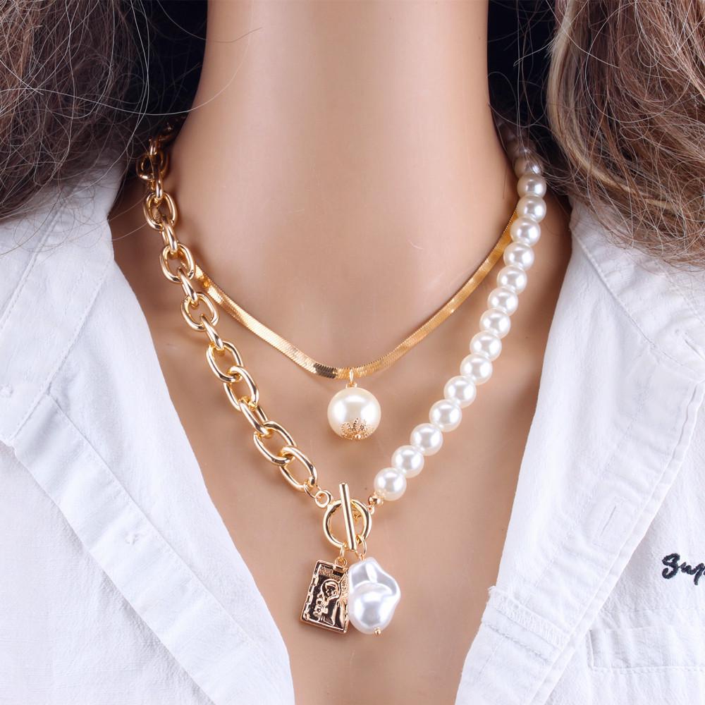 Vintage Copper Snake Chain Baroque Pearl Portrait Necklace Set for Women
