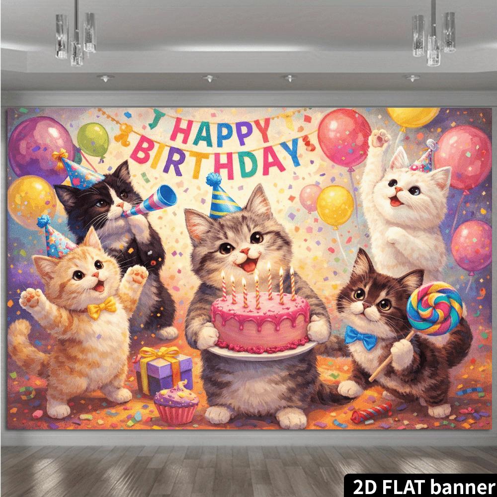 2D oil painting style cat birthday background paired with five cute cats and pink cake elements