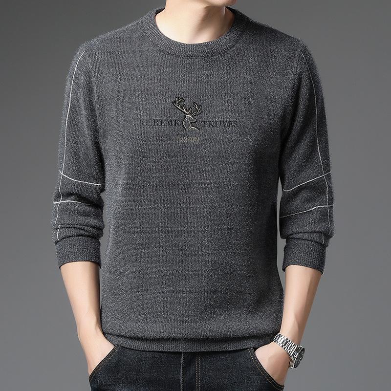 New Winter Velvet Warm Sweater for Men Thickened Chenille Middle-aged Men's Round Neck Knitted Bottoming Shirt for Men