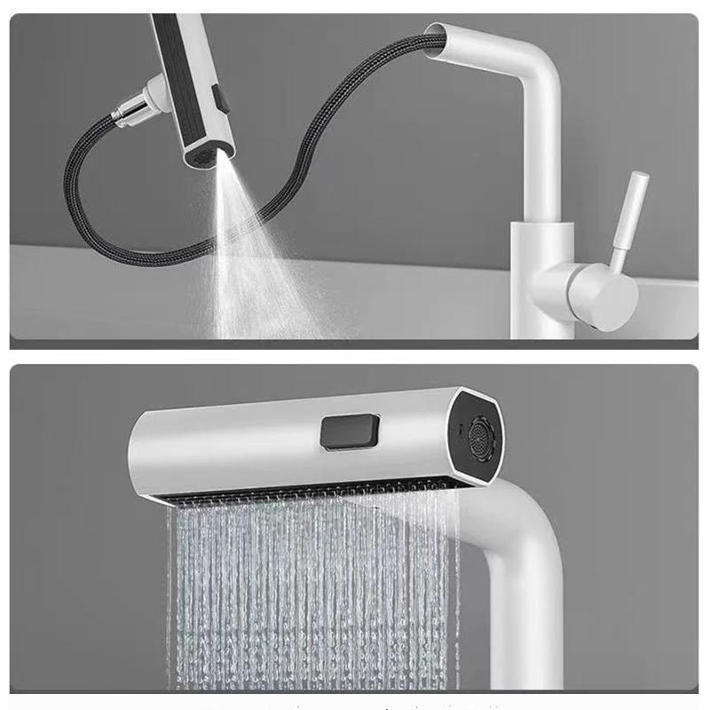 White Bathroom Sink Faucet Washbasin Faucet Pull Out Waterfall Stream 3 Way Sprayer Hot Cold Water Sink Mixer Wash Tap