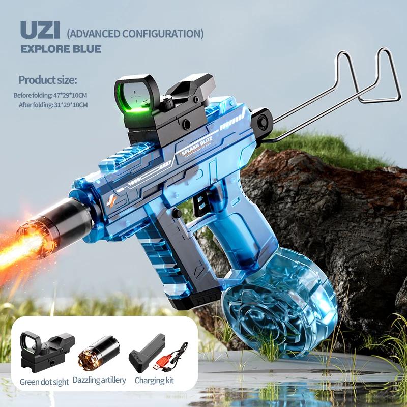 Uzi Electric Water Gun With Realistic Muzzle Flame, High Pressure Squirt Gun For Summer Pool Water Fighting Toys For Adults