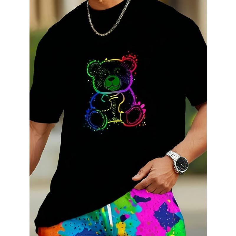 

European sizes Only Selling Men s Black Cotton T-shirt with Colorful Bear Graffiti Print - Adult Casual Short Sleeved Summer T-shirt 4XL чорний