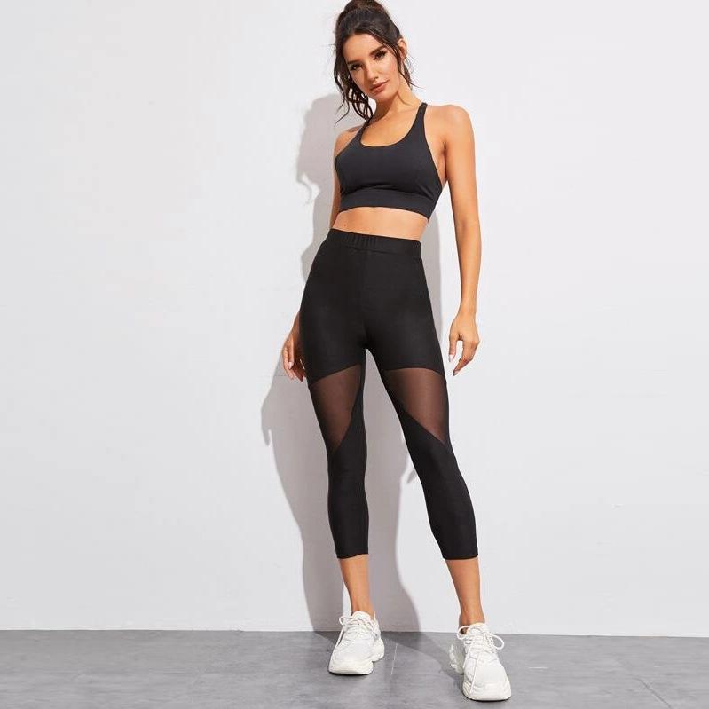 

Summer Mesh Patchwork Yoga Leggings - See-through Cropped Elastic Pants Small чёрный