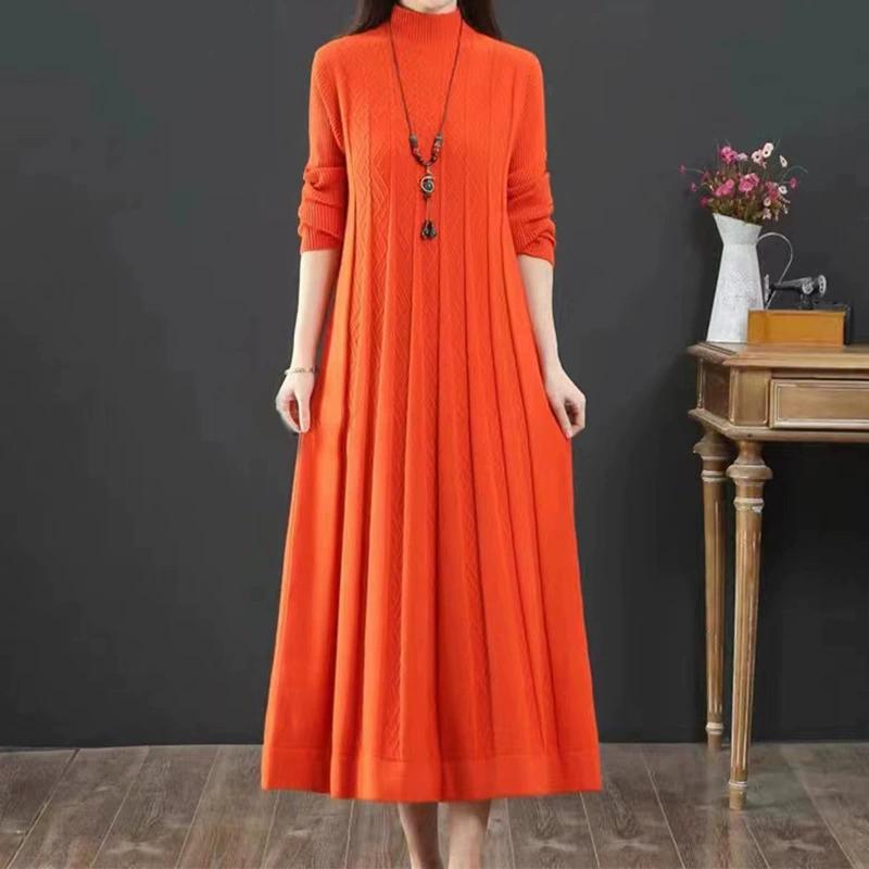 Autumn Winter Covering Belly Dress Middle Aged Elderly Mother Retro Long Knitted Sweater Dresses Vestidos