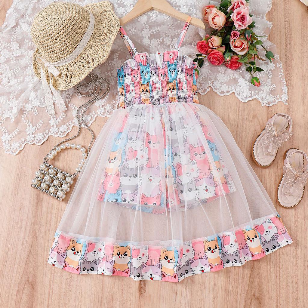 Girls Fashion Dress Summer Kids Cute Cartoon Print Shorts Lined with Suspenders Patchwork Mesh Dress