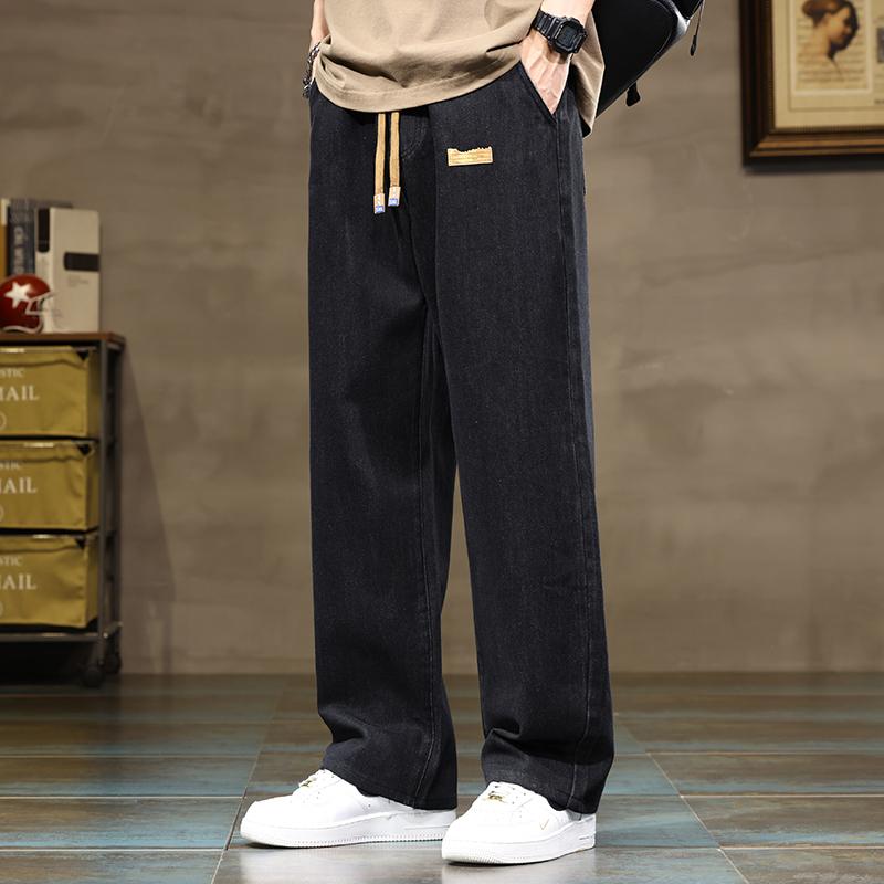 Spring Autumn Men Straight Leg Blue Gray Loose Drawstring Jeans Streetwear Casual Wide Denim Pants Male Baggy Trousers