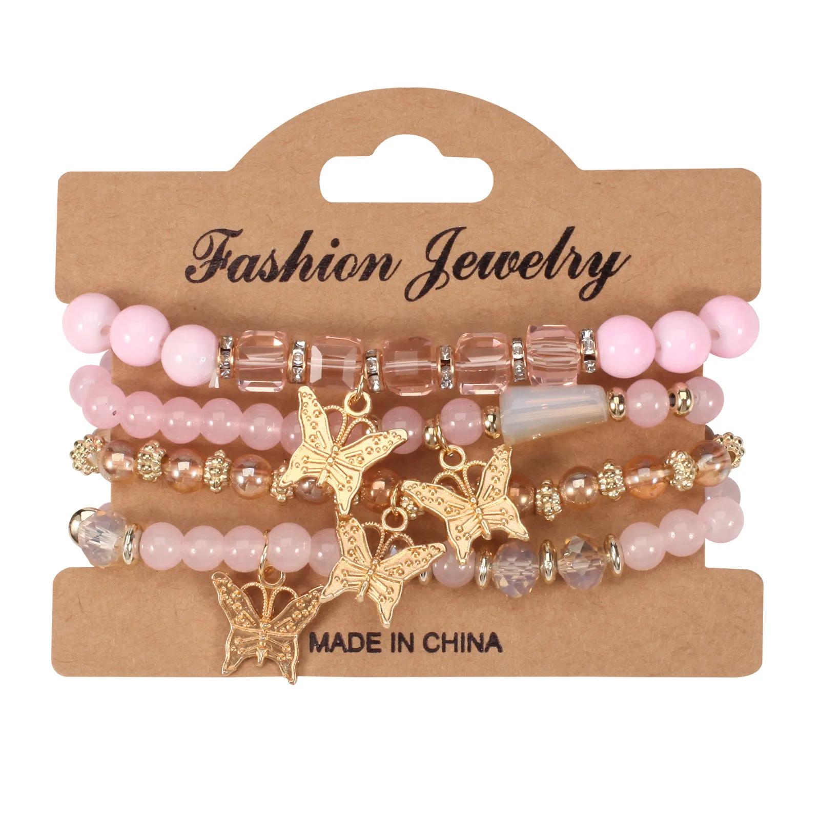

4Pcs Fashion Butterfly Charm Bracelet Set For Women Crystal Beads Chain Bangle Men Trendy Jewelry Accessories